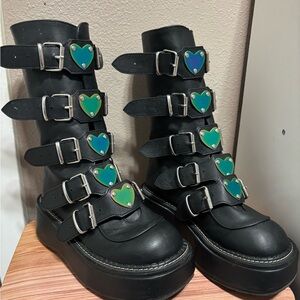 Demonia Black Buckle Boots with Hearts Rave Boots
